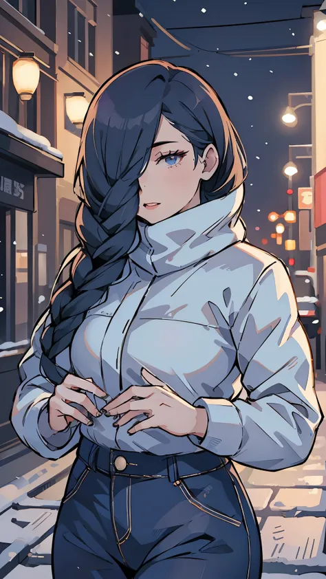 Woman,alone,Mei Mei,Fashion Winter Clothing,winter,snow,city,night,street, neon lights,Very details, top quality, high precision, beautiful lighting, realistic shade, high precision, detailed skin, very detailed, faces and detailed eyes, realistic eyes, co...