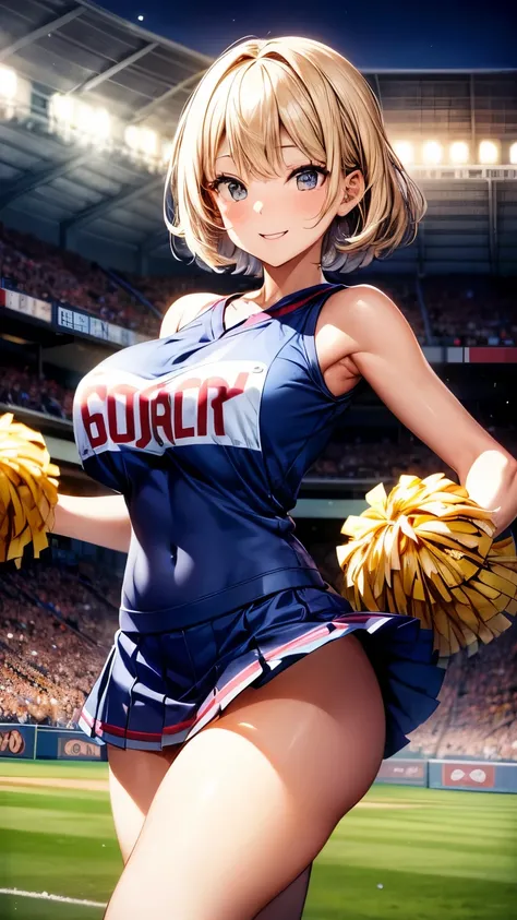 highest quality, complete limbs, A beautiful woman in her 20s, cheerleader, beautiful big breasted woman, big smile, A woman wearing a super miniskirt, dancing, baseball Ground