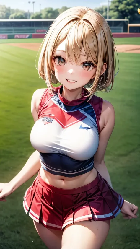 highest quality, complete limbs, A beautiful woman in her 20s, cheerleader, beautiful breasted woman, big smile, A woman wearing a super miniskirt, dancing, baseball Ground