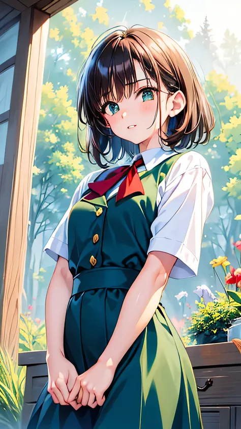   Masterpiece  ,  top quality,  top quality,  1 girl , Alone,  Watch Viewers, , Tezuka Rin, (  Armless Amputee :1.2),  brown hair,  color,  colored  shirt, ( Double Amputee  :1.2),  green eyes, katawa shoujo,  red tie ,  shirt,  shorthair, Alone, white  sh...