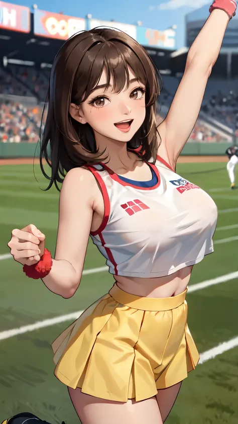 1lady solo, cheering, dancing, (dynamic posing), cheerleader (stylish outfit), mature female, /(dark brown hair/) bangs, blush brightly smile, open mouth, (teeth:0.8), (masterpiece best quality:1.2) delicate illustration ultra-detailed, large breasts BREAK...