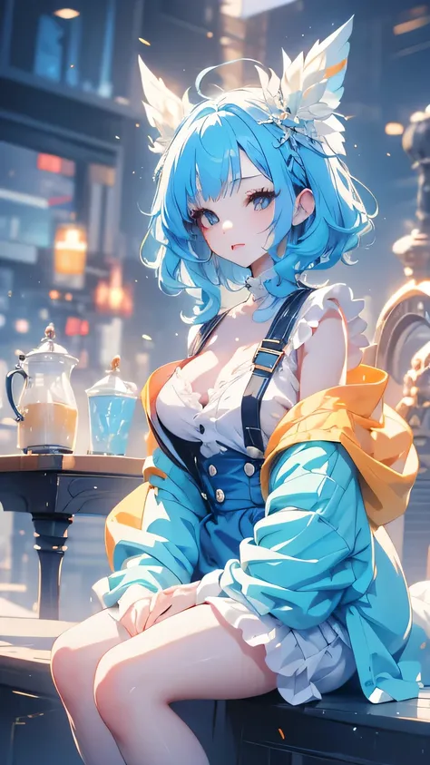  1 girl , Orange sleeves,  white skin, light blue hair ornament, Blue suspenders,   blue clothes,  light blue eyes , barefoot,   double blade  , pretty girl, blue hair short hair, loose fluffy perm,Flower Hair Ornaments,Big Breasts,