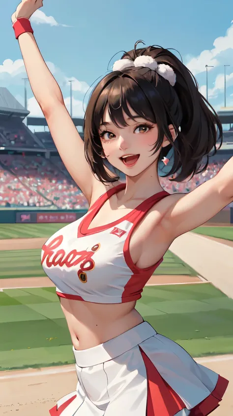 1 lady solo, cheering, dancing, (dynamic posing), cheerleader (stylish outfit), mature female, bangs, blush brightly smile, open mouth, (teeth:0.8), (masterpiece best quality:1.3),  delicate illustration ultra-detailed, breasts, (holding pom-pom), (basebal...