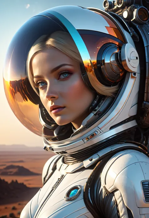 High-definition 16:9 image: A mesmerizing portrait of a white woman, looking like a futuristic android, in a smooth white spacesuit against a bright orange background, reminiscent of retrofuturism and pin-up era art of the 60s and 70s. The main character o...