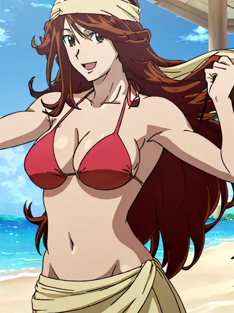 1girl, wide bangs, (drawing:1.3), strong biceps, (accurate face:1.4), (slim arms:1.1), very high quality, (anime beach:1.4), (long hair:1.5), (smile:1.3), groin, highly detailed beach, (photo realistic:1.4), red eyeshadow:1.2, depth of field, (sliding:1.4)...