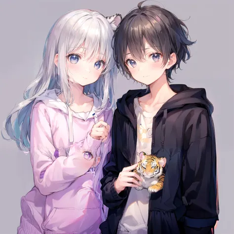  BEAUTIFUL ILLUSTRATION,  top quality, cute girl,  pastel color ,  smaller,  long silver hair ,  A stuffed tiger ,  Light Grey Eyes 、 is wearing a hoodie 、 high definition ,  blush,  simple background, boy, couples after insertion、Good friends、Gazing at ea...