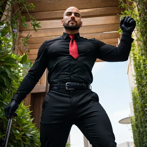 30years old, One Man,、 black shirt、Red tie、 black slim pants 、 Black Gloves 、 black boots 、Combatant、 carrying a pistol around the waist、garden、　 Legs open。cool battle pose。 black shirt、Red tie、 black slim pants 、 Black Gloves 、 black boots 　short hair 、更に...