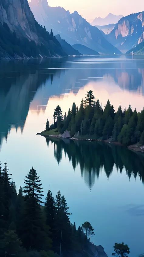 Photos that capture the essence of a magical dream world. A magnificent and legendary cliff jutting out over a beautiful lake, Surreal and vibrant colors illuminate the reflection.. The atmosphere is otherworldly, The soft evening light casts a fantastic s...