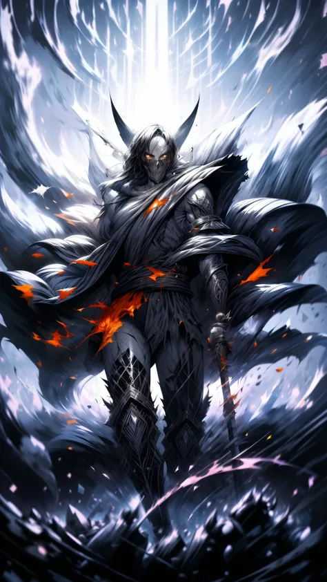  general plan full body ,((dark and torn black and white illustration:1.5)), 1 young person, beautiful muscular body, fierce expression,  holding a weapon , (colors in your clothes, Warm, orange, yellow, Violet: 1.3), standing on a desolate land, dramatic ...