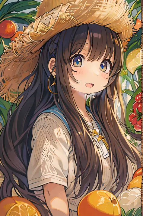 Long black hair anime girl wearing a straw hat, Anime Style 4k,  Beautiful Animated Portraits ,   and tropical fruits  ,  Animation Art Wallpaper 4K ,  anime art wallpaper 4k ,   high quality anime art style with long brown hair and blue eyes ,   anime sty...