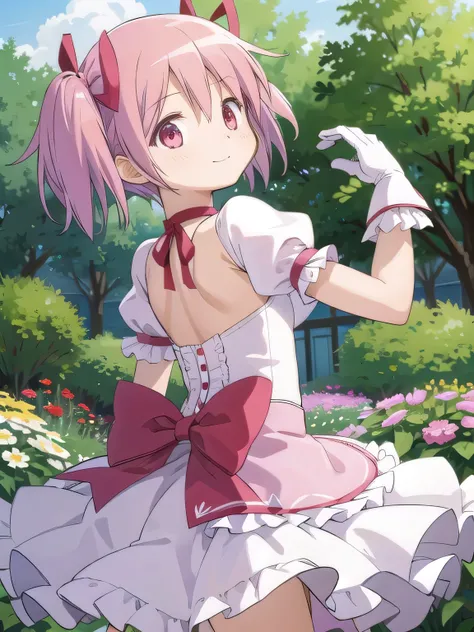 1girl, solo, masterpiece, best quality,
        gloves, mahou shoujo madoka magica, kaname madoka, madoka kaname, pink eyes, tareme, pink hair, short hair, twintails, short twintails, hair ribbon, red ribbon, magical girl, choker, ribbon choker, soul gem, ...