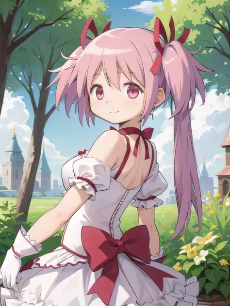 1girl, solo, masterpiece, best quality,
        gloves, mahou shoujo madoka magica, kaname madoka, madoka kaname, pink eyes, tareme, pink hair, short hair, twintails, short twintails, hair ribbon, red ribbon, magical girl, choker, ribbon choker, soul gem, ...