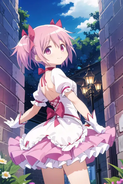 1girl, solo, masterpiece, best quality,
        gloves, mahou shoujo madoka magica, kaname madoka, madoka kaname, pink eyes, tareme, pink hair, short hair, twintails, short twintails, hair ribbon, red ribbon, magical girl, choker, ribbon choker, soul gem, ...