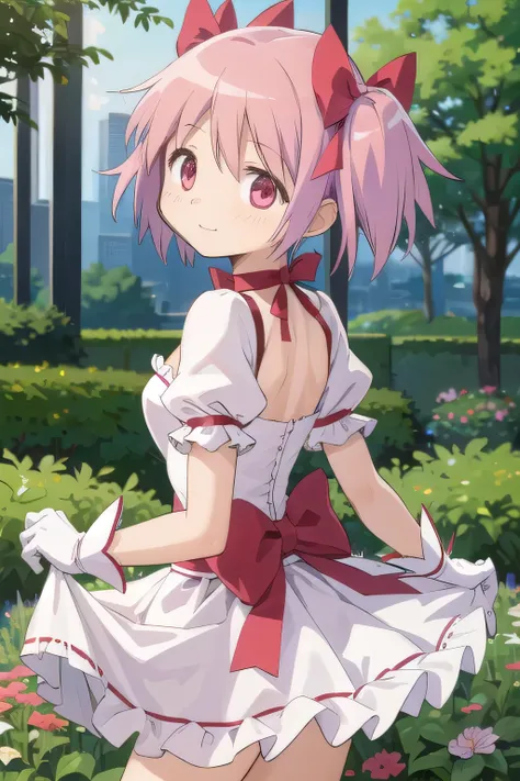1girl, solo, masterpiece, best quality,
        gloves, mahou shoujo madoka magica, kaname madoka, madoka kaname, pink eyes, tareme, pink hair, short hair, twintails, short twintails, hair ribbon, red ribbon, magical girl, choker, ribbon choker, soul gem, ...