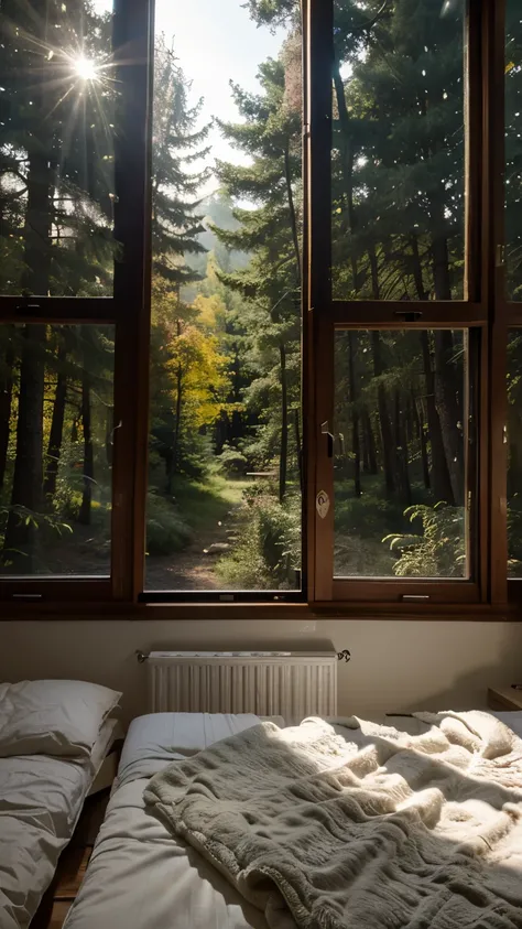 
a picture of a bedroom with a large window in the middle of the forest, with a cinematic feel, UHD,4K