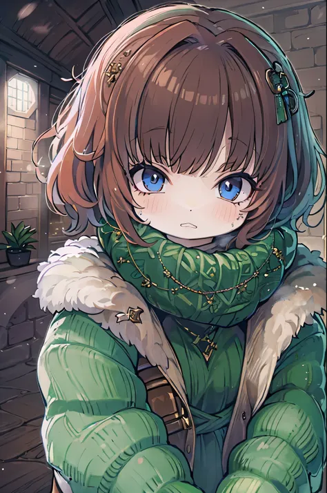  girl,  brown hair,  Bob Haircuts , With bangs,  purple snow jacket with green sweater inside, Join hands,  Serious Expression ,  big eyes,  White handbag,  blue eyes,