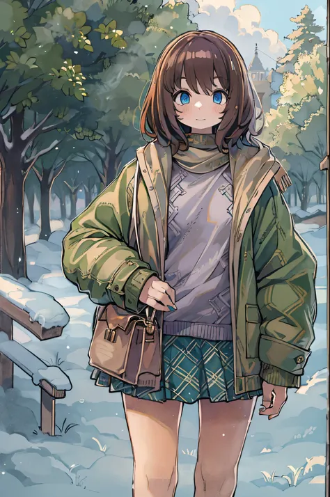  girl,  brown hair,  Bob Haircuts , With bangs,  purple snow jacket with green sweater inside, Join hands,  Serious Expression ,  big eyes,  White handbag,  blue eyes,