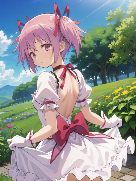 1girl, solo, masterpiece, best quality,
        gloves, mahou shoujo madoka magica, kaname madoka, madoka kaname, pink eyes, tareme, pink hair, short hair, twintails, short twintails, hair ribbon, red ribbon, magical girl, choker, ribbon choker, soul gem, ...