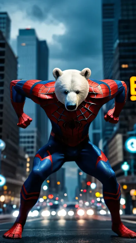 A hybrid creature combining Spider-Man and a Polar Bear, standing in the middle of a busy urban street on a summer afternoon. The creature has the muscular build and size of a Polar Bear, with the agility and web-slinging abilities of Spider-Man. Its fur i...