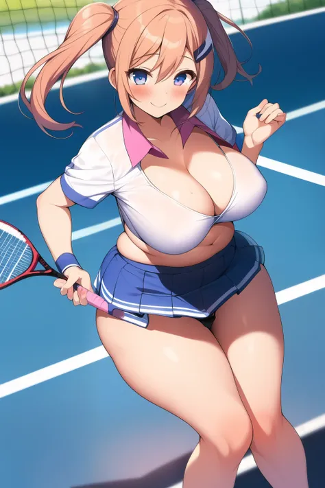 1girl,solo,blush,smile,twintails,racket,sportswear,tennis_uniform,tennis_racket,Big breasts, (((mini skirt))), (((panty shots))),(((Plump thighs))),Low angle,(((no bra))), older sister