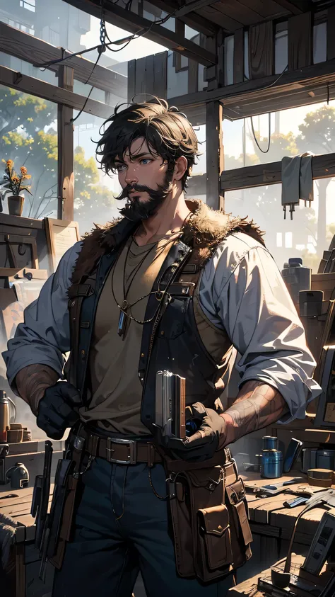 “A rugged, wandering engineer, Rem Gald has a scruffy beard and wears a worn-out leather vest filled with tools. His hands are rough and calloused, showing years of experience working with machines and weapons. He carries a large, modified crossbow slung o...