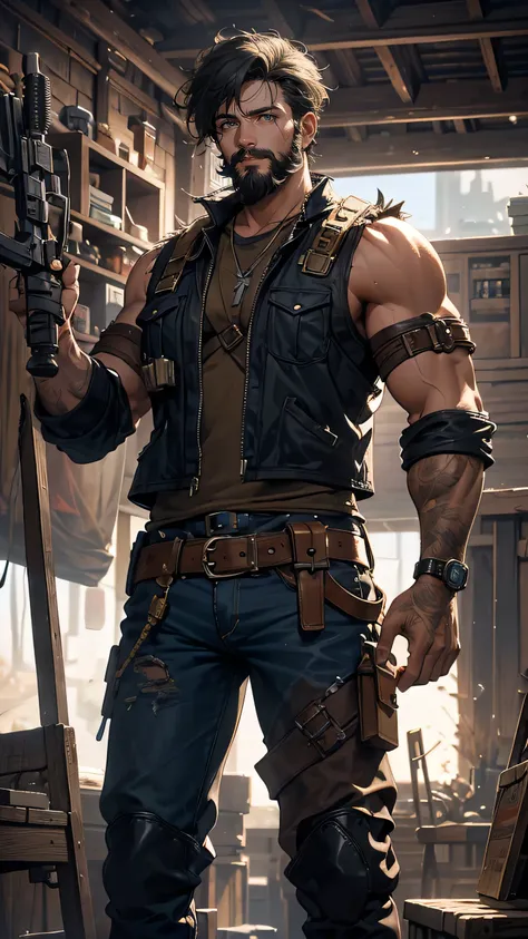 “A rugged, wandering engineer, Rem Gald has a scruffy beard and wears a worn-out leather vest filled with tools. His hands are rough and calloused, showing years of experience working with machines and weapons. He carries a large, modified crossbow slung o...