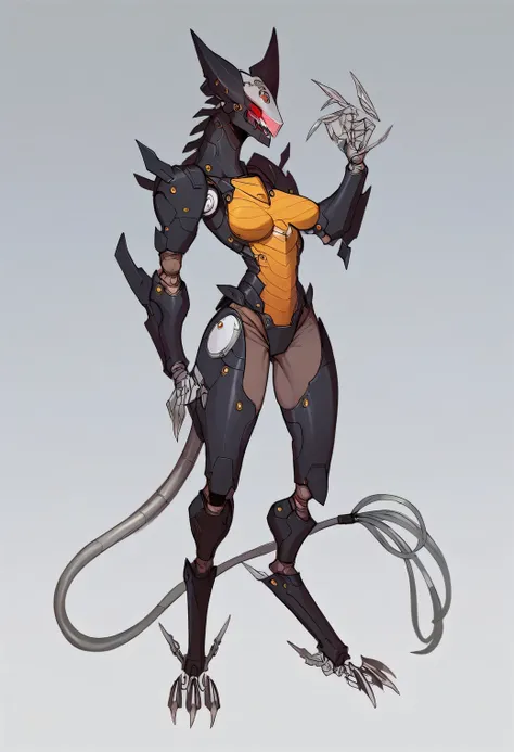 score_9, score_8_up, score_7_up,((best quality)), absurdres, ((full body)), BWMGSPXL, non-humanoid robot, red eyes,robot joints, mechanical tail,anthro,claws, white background, yellow chest, female furry,claws, slim, breast,standing,