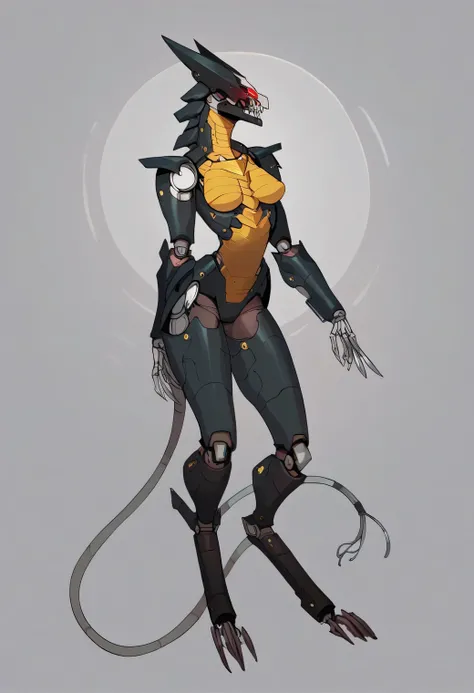 score_9, score_8_up, score_7_up,((best quality)), absurdres, ((full body)), BWMGSPXL, non-humanoid robot, red eyes,robot joints, mechanical tail,anthro,claws, white background, yellow chest, female furry,claws, slim, breast,standing,