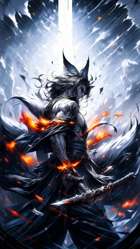  general plan full body ,((dark and torn black and white illustration:1.5)), 1 young person, beautiful muscular body, fierce expression,  holding a weapon , (colors in your clothes, Warm, orange, yellow, Violet: 1.3), standing on a desolate land, dramatic ...