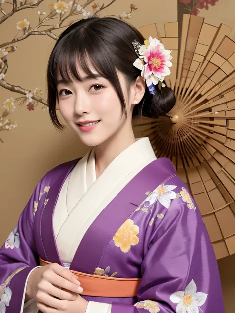 331 (20-year-old female, shorthair), ( high image quality), (smile), (kimono), ( colorful ), (Uemura Shoen Japanese Paintings), (flower), (Fractal Background)