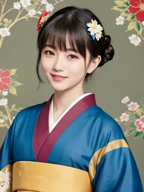 331 (20-year-old female, shorthair), ( high image quality), (smile), (kimono), ( colorful ), (Uemura Shoen Japanese Paintings), (flower), (Fractal Background)