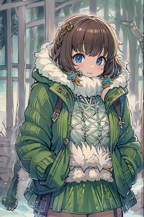  girl,  brown hair,  Bob Haircuts , With bangs,  purple snow jacket with green sweater inside, Join hands,  Serious Expression ,  big eyes,  White handbag,  blue eyes,