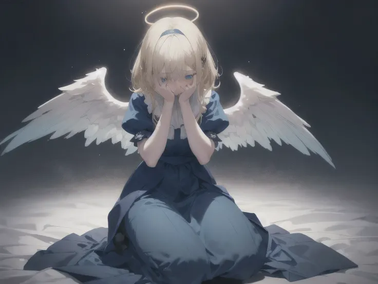 a blonde hair beautiful girl with blue eyes and a blue headband, ultra-detailed. and also with a nice blue dress with a puffy blue sleeve and has angel wings and is kneeling down, covering her whole face while crying sadly. the mood is very sad and ominous...