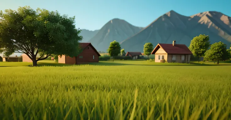  game scene 3D cartoon animation style，Vision，green flat grass，Houses in the distance，
