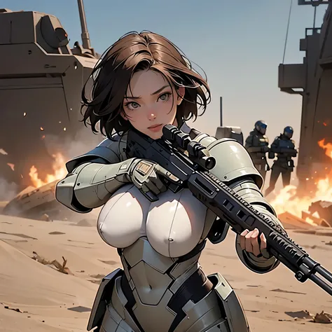 nsfw, very long shot, anime screencap, 16k, perfect anatomy proportion body, perfect hands,  action,  dynamic composition with a sense of speed and dynamism , (Firing an assault rifle, shooting:1.6), milf, 40age, perfect beautiful delicate sexy face, perfe...