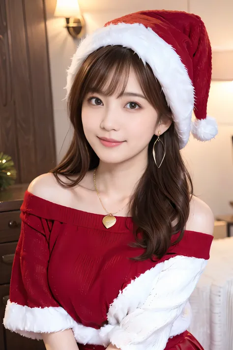 top-quality、Top image quality、​masterpiece、fully body photo、25 years old women, Dark brown wavy middle hair、bangss、Santa Claus Cosplay、red and white knit hat、red and white off shoulder sweater, Puffy nipple、soft boob、red and white flared skirt、Medium milk,...