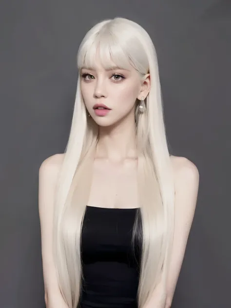 A woman with long blond hair and a black dress, Lalisa Manobal, long and white hair with bangs, white hime cut hairstyle, Lalisa Manoban of Blackpink, long hair with bangs completo, with long white hair, long hair with bangs, with long and white hair, rose...