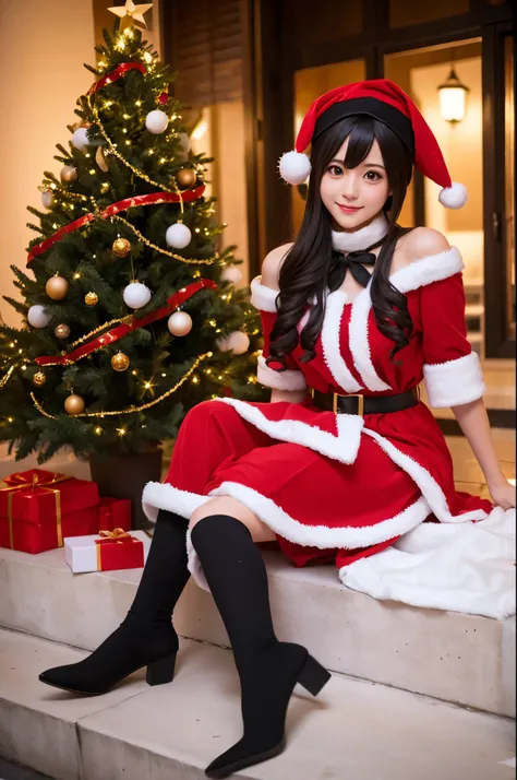 black Santa cosplay 、Cute girl、 Sexy Poses 、 background is a Christmas tree、 ILLUMINATION、