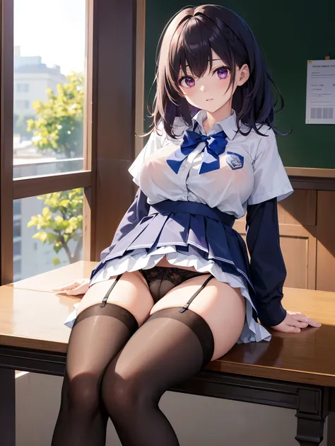 (( top quality)), ( high definition ), (( very detailed))、(masterpiece)、One mature woman with disheveled hair、Im wearing cute transparent panties on my school uniform、(Im wearing knee-high stockings)、(Im lying on the table with my crotch open)、Cute nipple ...