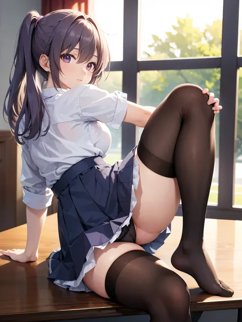 (( top quality)), ( high definition ), (( very detailed))、(masterpiece)、One mature woman with disheveled hair、Im wearing cute transparent panties on my school uniform、(Im wearing knee-high stockings)、(Im lying on the table with my crotch open)、Cute nipple ...