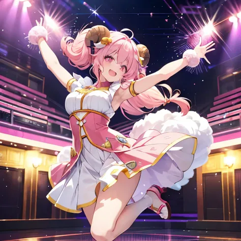 An anime-style illustration of ‘Fua-chan’ joyfully dancing with a bright and cheerful expression. Fua-chan has long pink hair styled in soft curls resembling sheep’s horns, and her pink eyes sparkle with excitement and energy. She is depicted mid-dance, he...