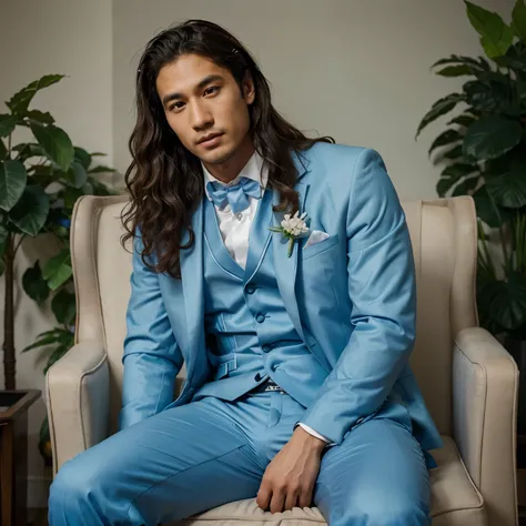 (photorealism:1.2), east asian groomsman, sitting on chair, facing forwad, wearing soft blue suits and a flower in his pocket, long curly hair, indoors, plants and flowers in background, relaxed pose, realistic, intricate details