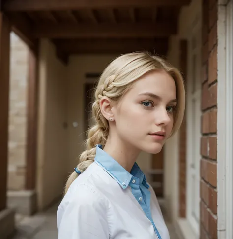 a whitish-blonde girl with blue blouse and single braid