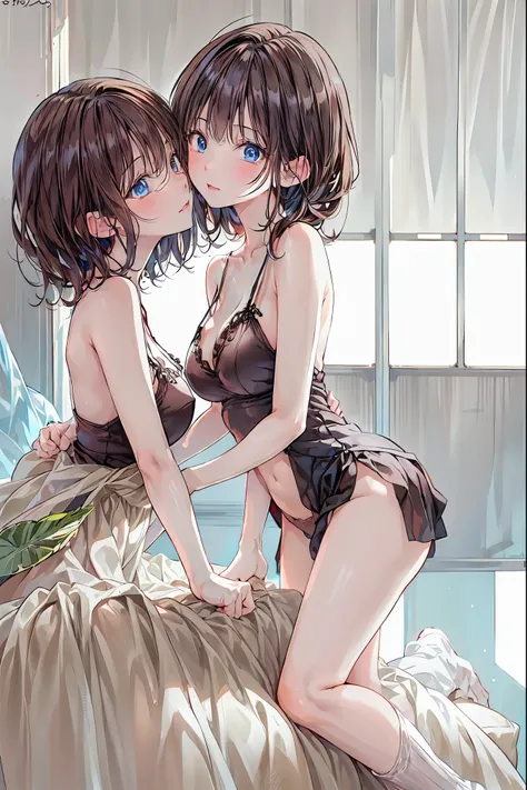 (8k、  RAW photos 、  top quality、    Masterpiece   :1.2)、  anime style、  very detailed、 super high resolution、  2 girls、side,  written border depth ,   Delicate Eyes , Sharp nose line，  fine skin、smooth、  perfect beauty、  small ass  ，((  small breasts))、thi...