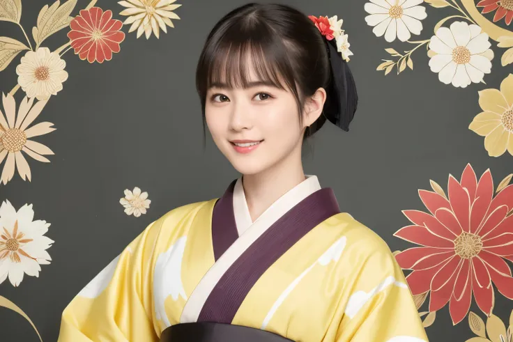 331 (20-year-old female, shorthair), ( high image quality), (smile), (kimono), ( colorful ), (Uemura Shoen Japanese Paintings), (flower), (Fractal Background)