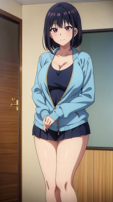 (((masterpiece))),fuyumi itadori, Anime girl characters, 1girl, solo, looking at viewer, medium hair long sleeves, cleavage, bigger breasts, closed mouth, collarbone, jacket, open clothes, open jacket, blue jacket, ground vehicle, sports bra, tall girl, ho...