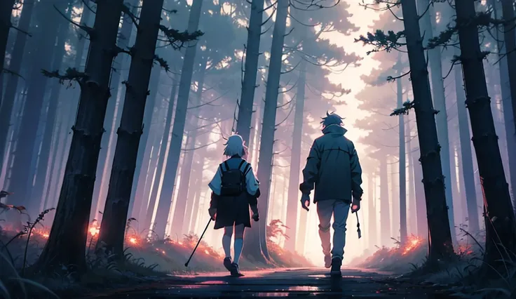 Foggy Night Walking Backward Girl Boy Anime 8K HD High Resolution Forest 