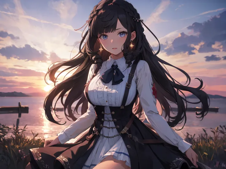Solo, 1 Female, (Human Ear, Earring), (Black Hair), (Sexy Pose), (Sexy Expression), (Hair Accessories), (Leather Suspenders, Gorgeous Dress in Blue Tones), (Sunset Sky, Sunset, Evening Sky), (Focus on Breast), (High Resolution, Masterpiece, Accurate, Anato...