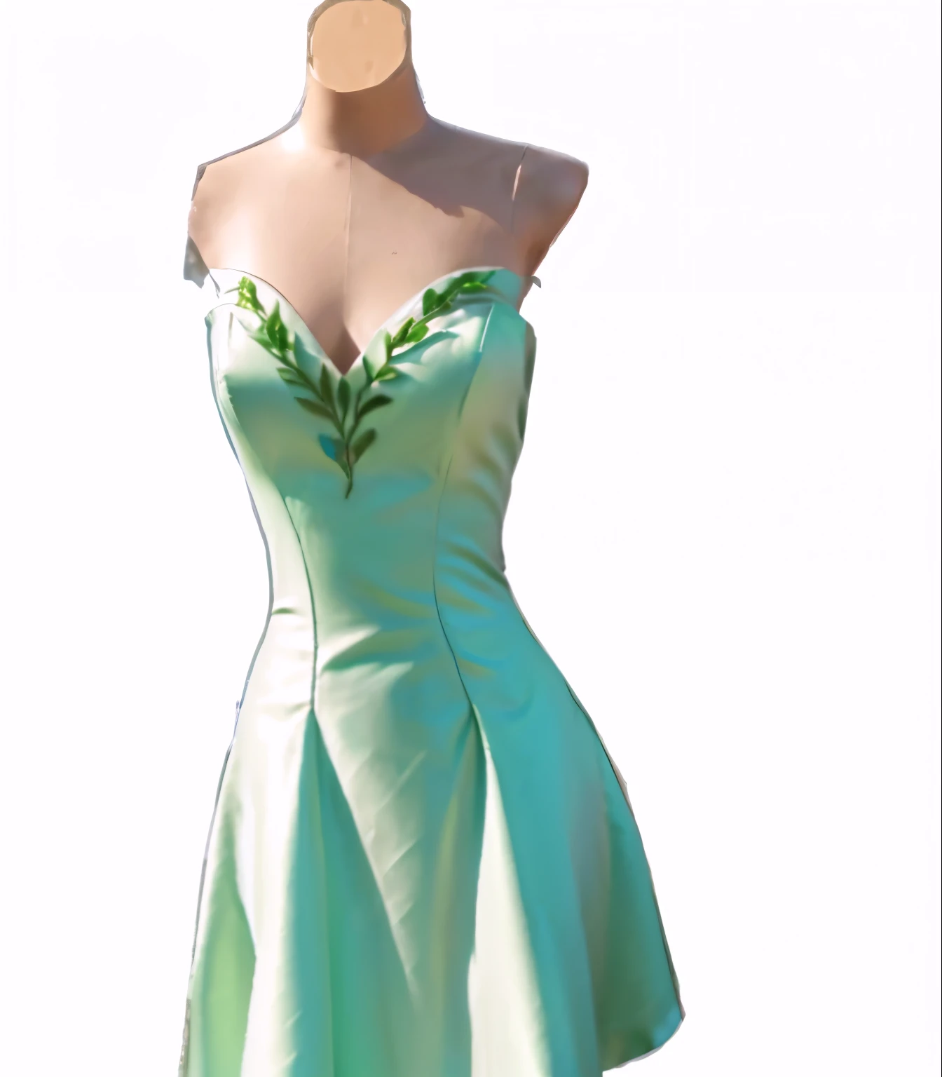 a woman in a green dress with a green leaf on it, vine dress, fantasy dress, strapless dress, green dress, wearing fantasy formal clothing, opened dress, flowing dress, magical dress, light green dress, tube-top dress, detailed dress, sophisticated dress, ...