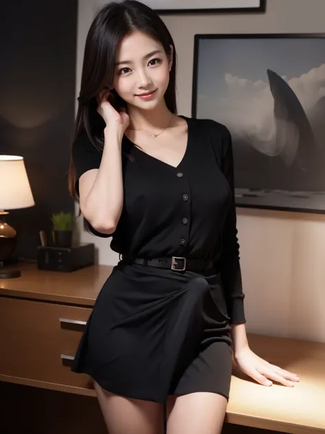 ((​masterpiece))、((top-quality))、photograph、Realism、High quality images、 ultra-detailed、secretary、40s、（ slim body）、 gentle face 、Shortcut、 You can see realistic backgrounds and accessories、  sexy smile  、 charming gaze、 small breasts、 wide shot、（Dark Offic...